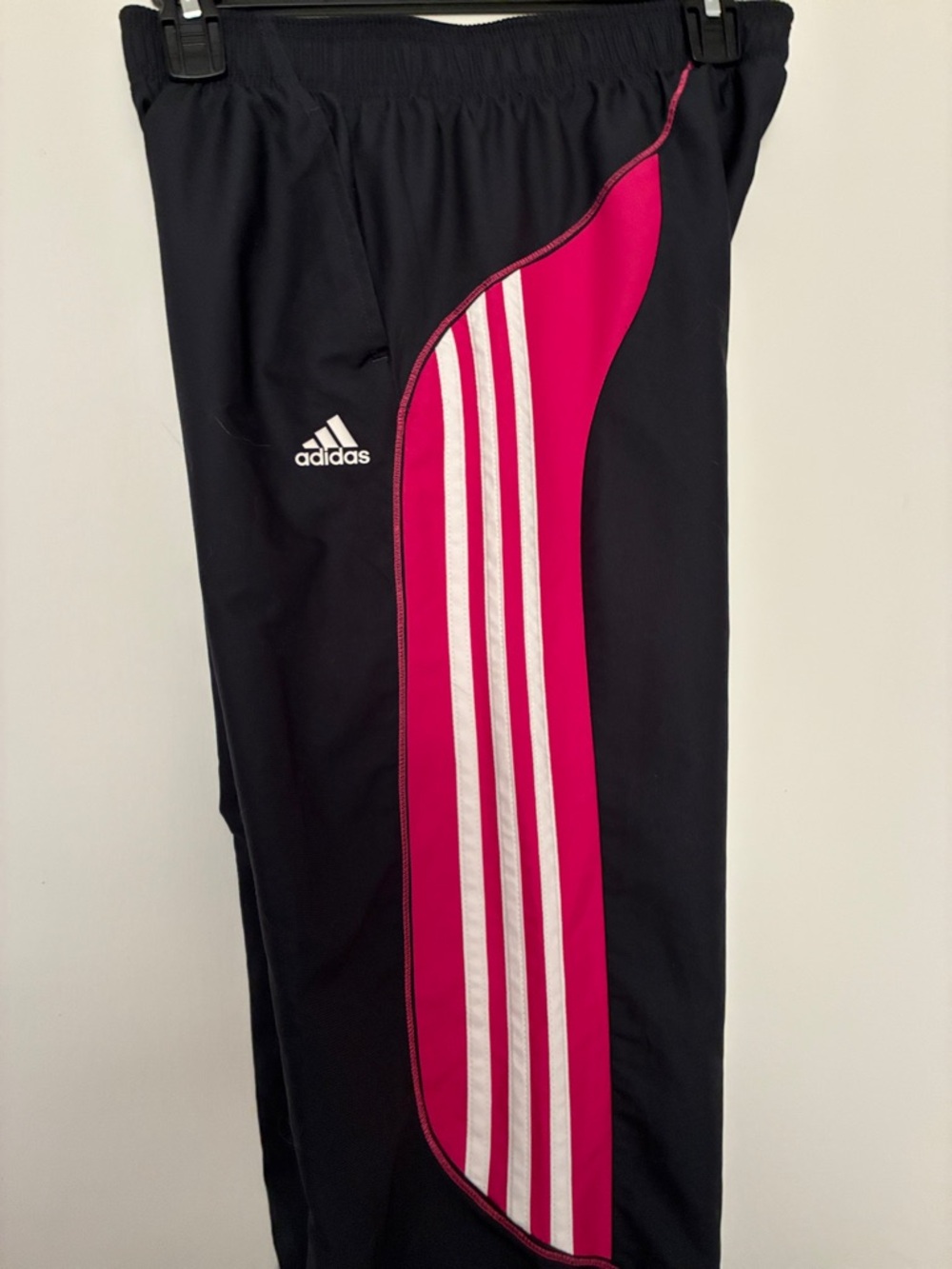 adidas Black and Hot Pink Women’s Track Pants with White Stripes
